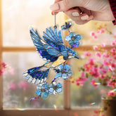 Flying Blue Jay Acrylic Suncatcher with Blue Flowers, Bird Window Hanging Decor, Nature Inspired Acrylic Home Ornament Gift for Bird Lovers